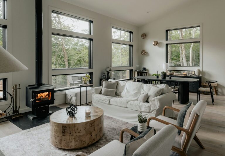 Wood stove in a modern living room.